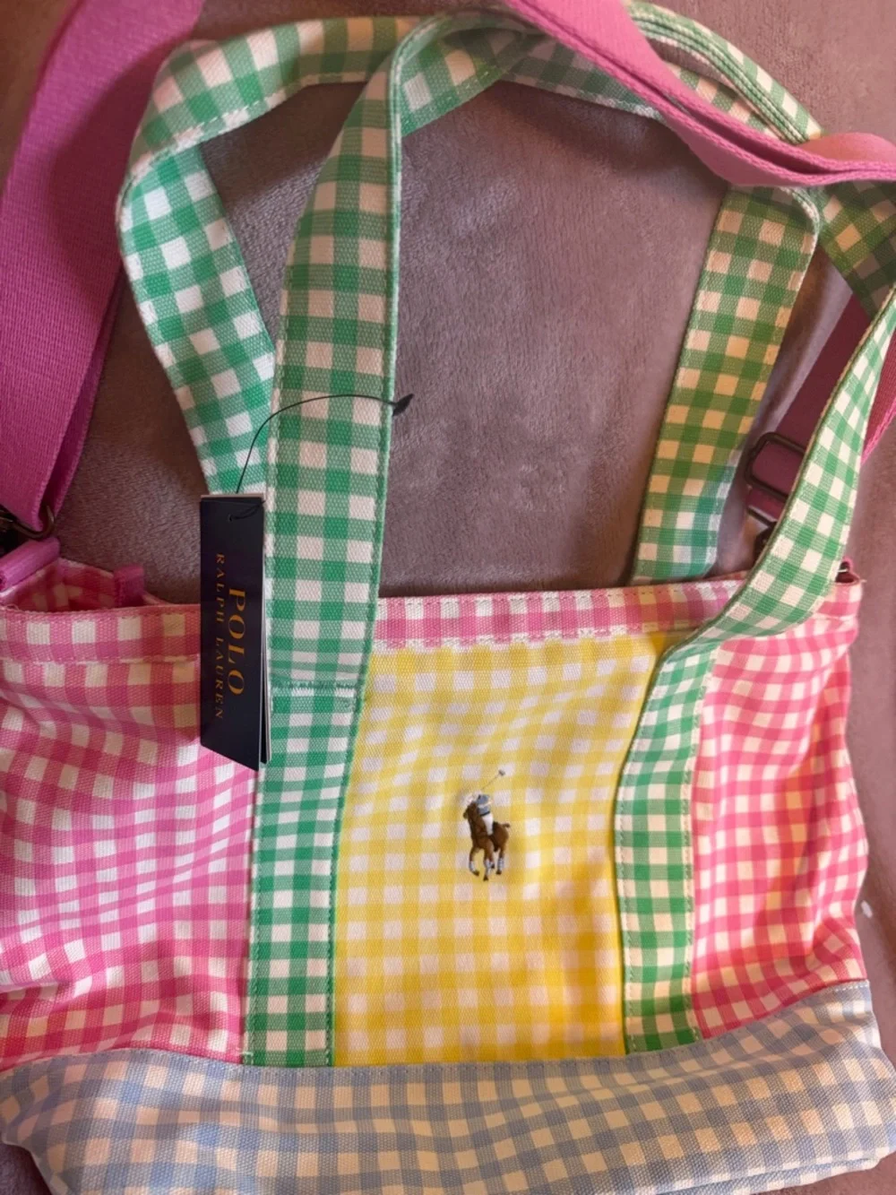 POLO RALPH LAUREN Kids' Gingham Big Pony Cotton Canvas Tote In Multi